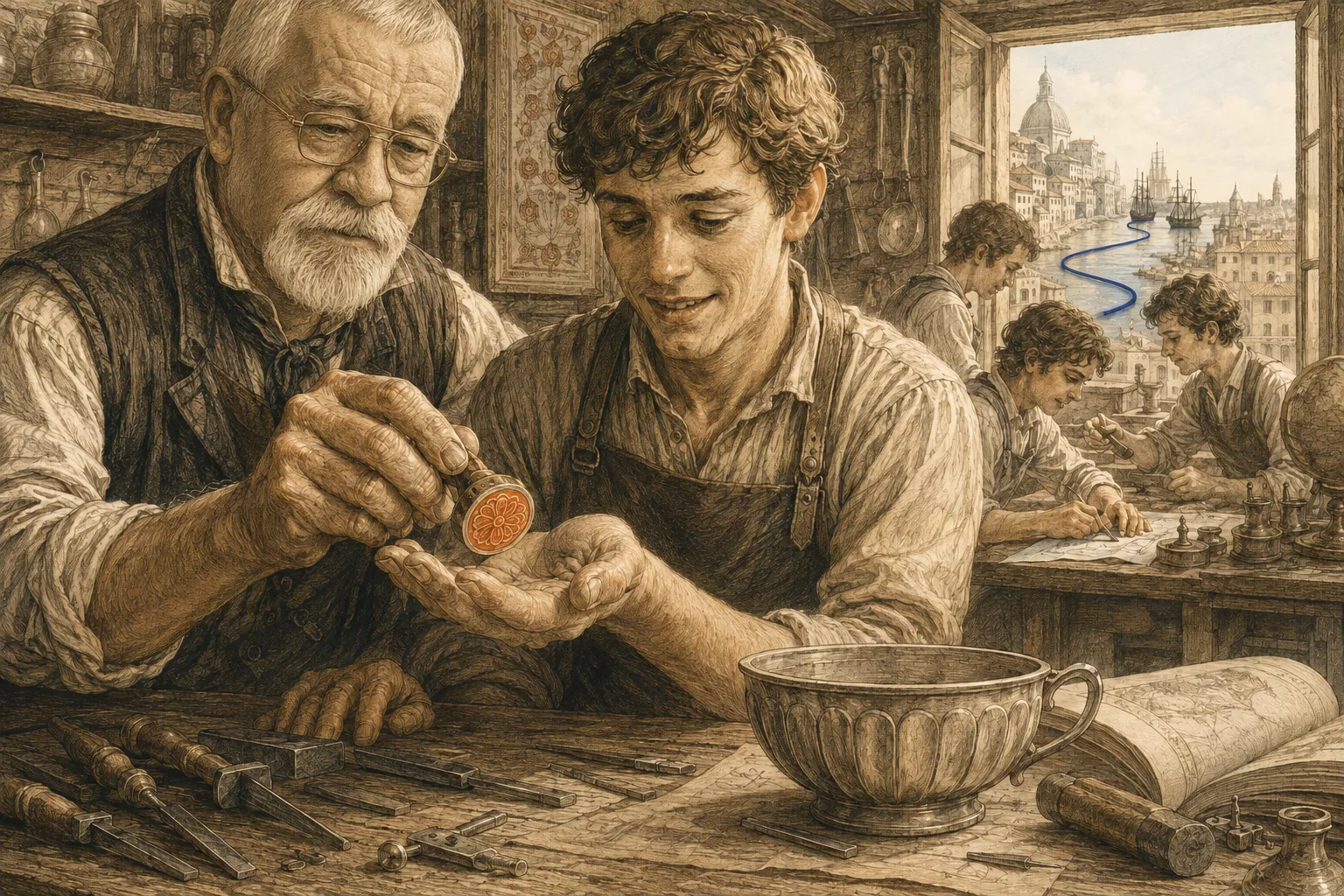 Иллюстрация из книги: мастер передаёт ремесло ученику